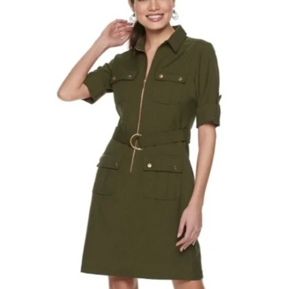 Short Sleeve Full Body Zipper Midi ShiftDress OliveDrab - Picture 2 of 16